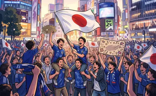 清晨的东京涩谷十字路口，日本球迷聚集庆祝从荷兰身上拿分